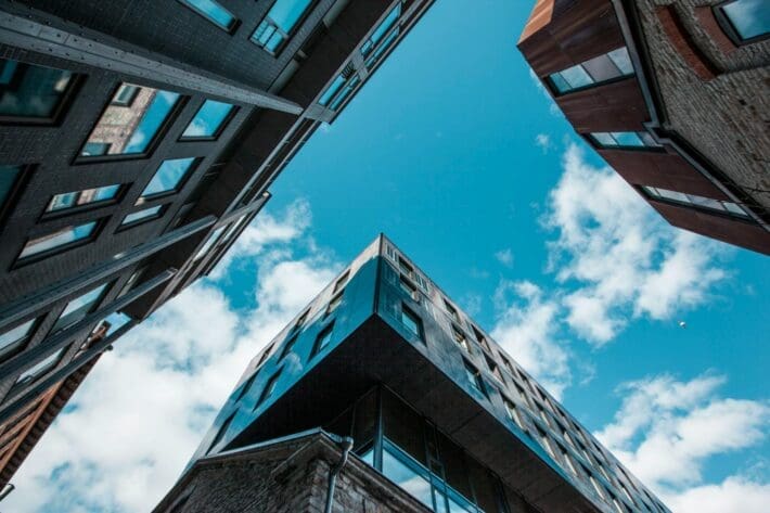 Upward view of modern offices in Tallinn, capital Estonian finTech